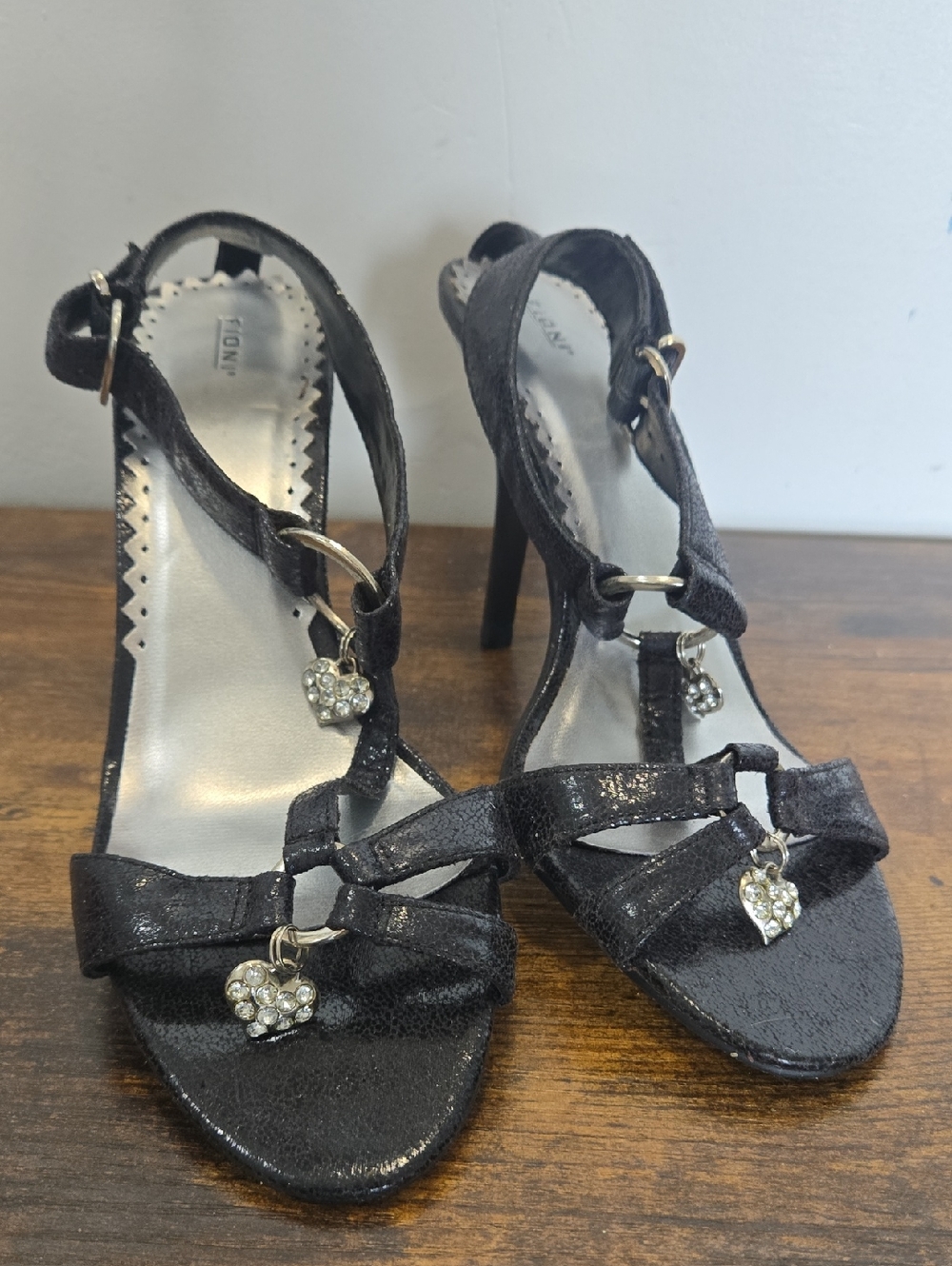 FIONI Clothing Black Strappy Heels with Crystal Heart Charms